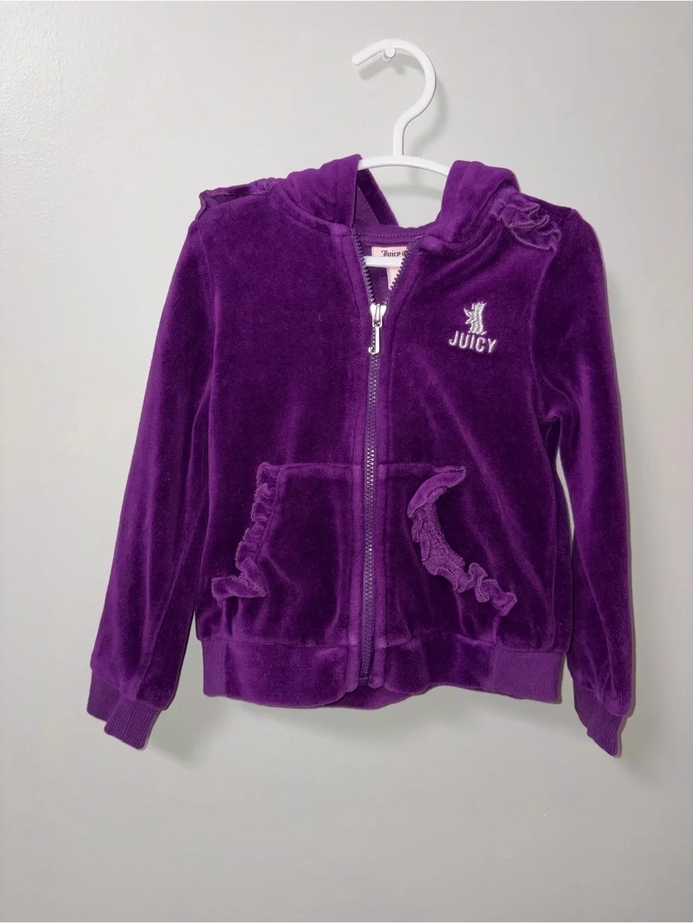 Juicy Couture Purple Velour Zip Up Hooded Jacket Ruffle Pockets Girls 3T